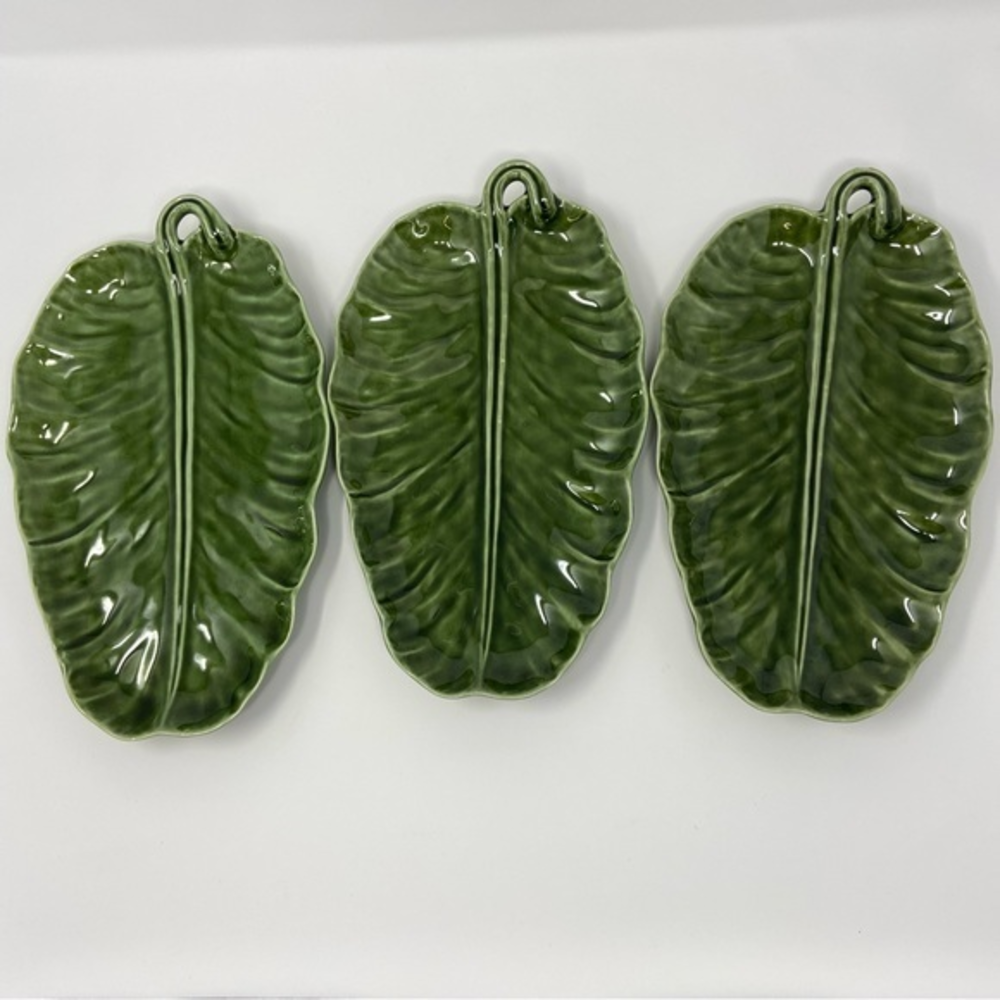 Vintage Olfaire Made In Portugal Green Leaf Plates Set‎ Of 3